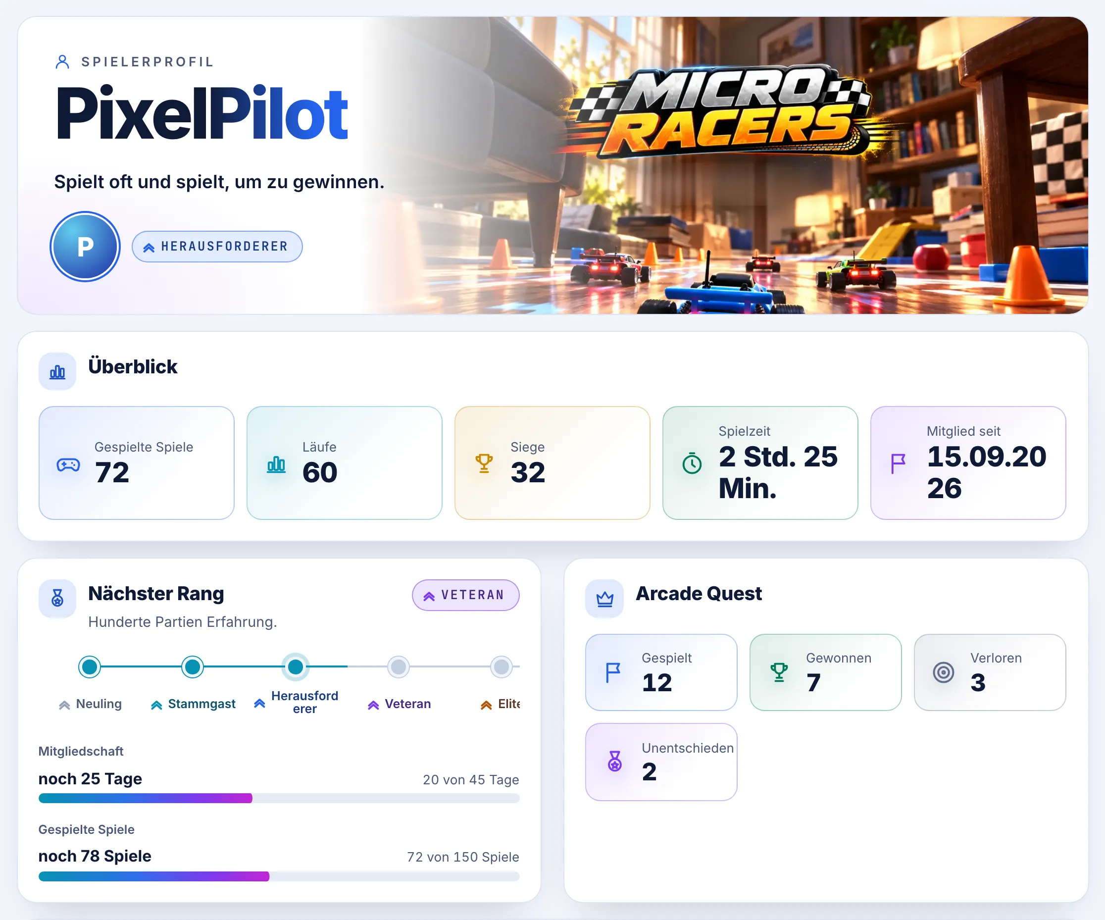 Spielerprofil: aktueller Rang, Fortschritt zum nächsten Rang und Arcade Quest Ergebnisse.