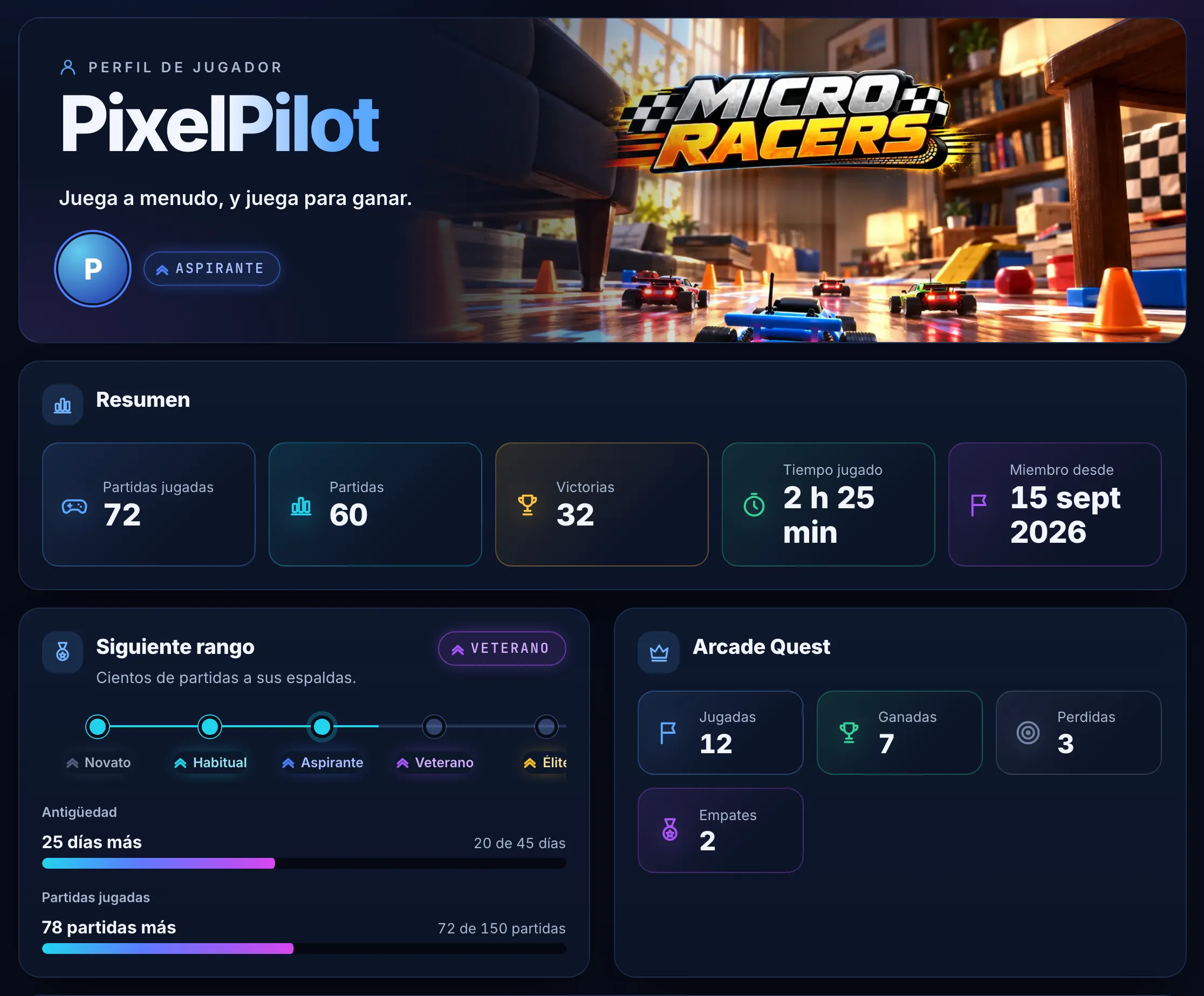 Perfil del jugador: rango actual, progreso al siguiente rango y resultados de Arcade Quest.