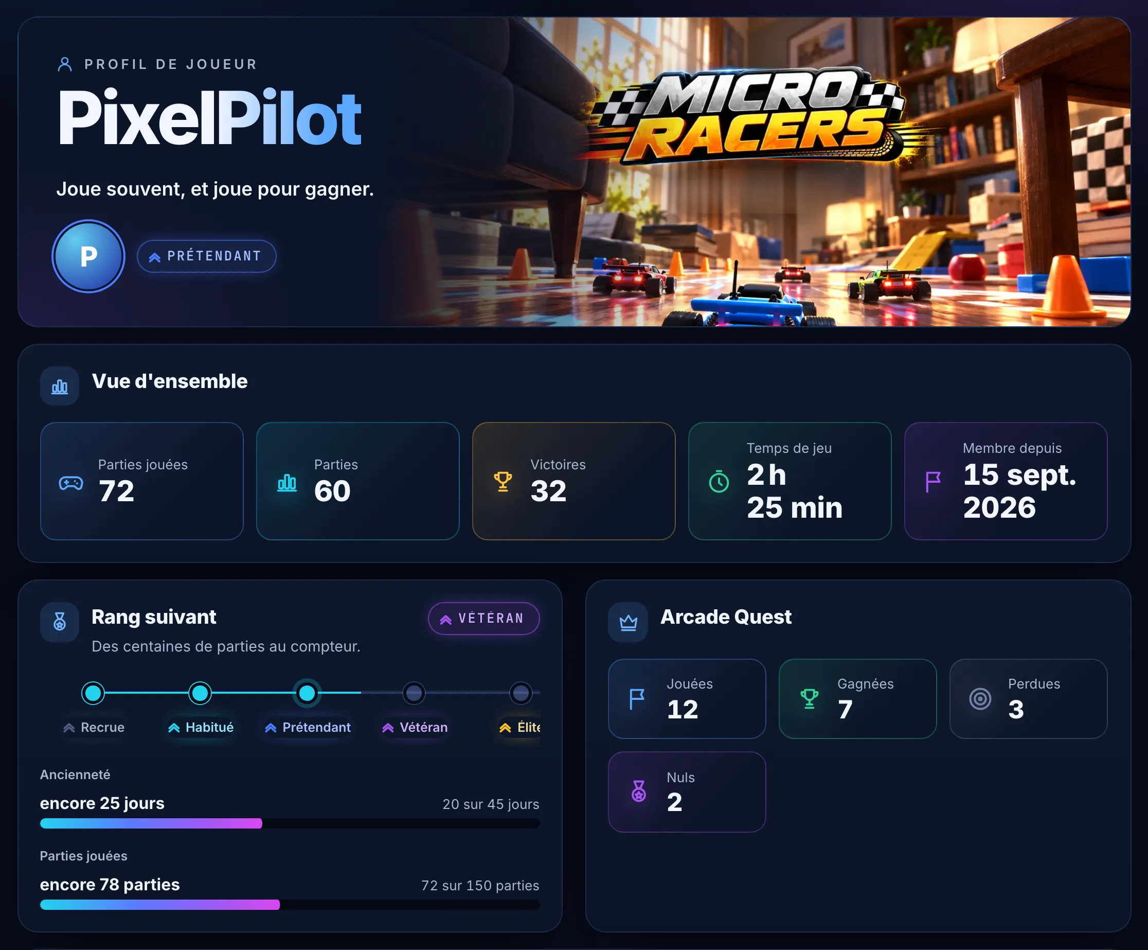 Profil du joueur : rang actuel, progression vers le rang suivant et résultats Arcade Quest.